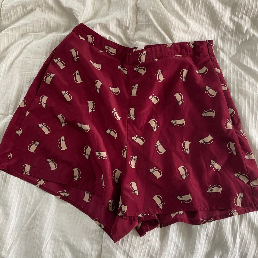 Forever21 High-Wasted Maroon Shorts with Cat Pattern